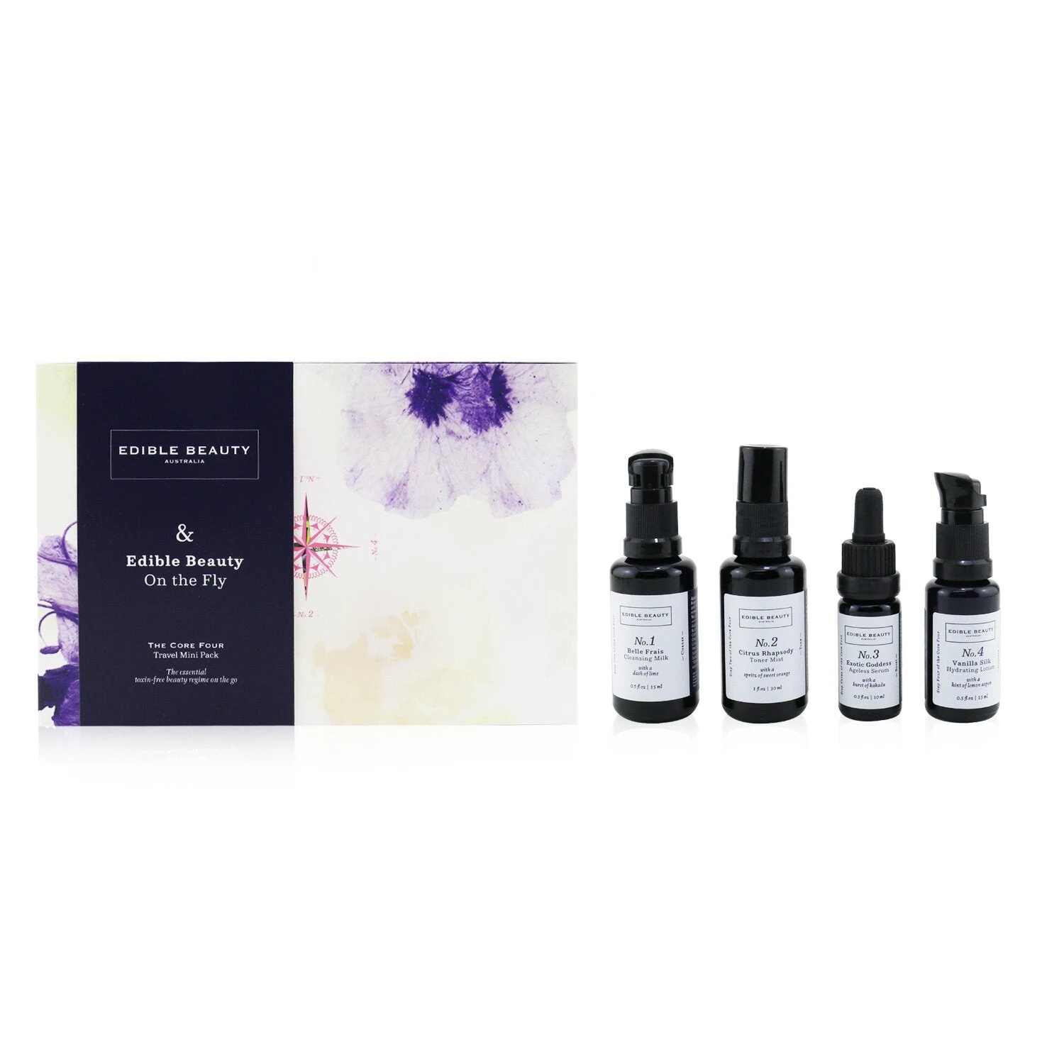 Edible Beauty & Edible Beauty On The Fly Travel Mini Kit: Cleansing Milk 15ml+ Toner Mist 30ml+ Ageless Serum 10ml+ Hydrating Lotion 15ml 4pcs 3 Edible Beauty & Edible Beauty On The Fly Travel Mini Kit: Cleansing Milk 15ml+ Toner Mist 30ml+ Ageless Serum 10ml+ Hydrating Lotion 15ml 4pcs